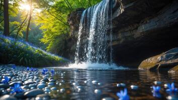 Waterfall Flowing Into Pool with Flowers and Pebbles in Sunlight photo
