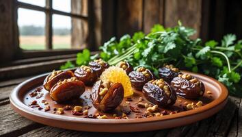 Serving Dates Stuffed with Nuts and Honeycomb on Rustic Plate photo