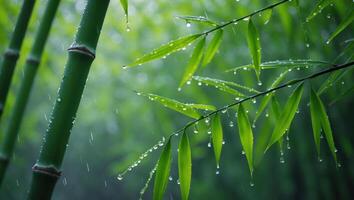 Bamboo Forest in Rain with Water Droplets on Green Leaves photo