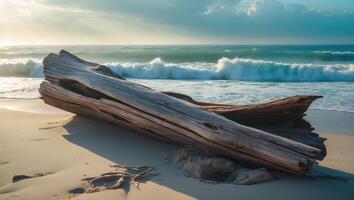 Driftwood Resting on Sandy Beach with Ocean Waves at Sunrise photo