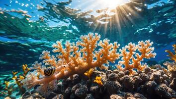 Exploring Coral Reef Undersea with Light Rays and Tiny Sea Snail photo
