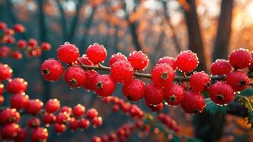 Red Berries on Branch with Water Droplets in Autumn Light photo