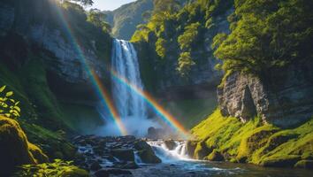 Cascading Waterfall with Rainbow in Lush Green Mountain Landscape photo