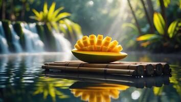 Mango Slices on Bamboo Raft Floating in Tropical Waterfall Setting photo