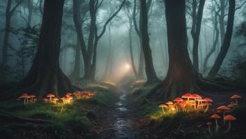 Glowing Mushrooms in Foggy Forest Path with Light at End photo