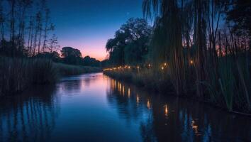 River Flowing Through Nature at Dusk with String Lights Reflection photo