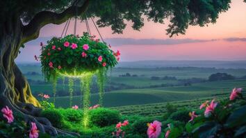Hanging Flower Basket Blooms Under Tree with Field in Background photo
