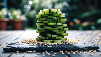 Stacked Cucumber Slices on Slate with Seeds Fresh Food Presentation photo