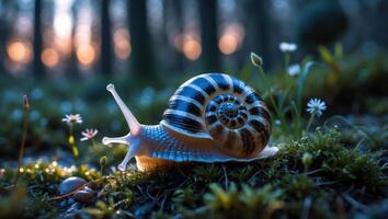 Snail Crawling Through Forest Moss with Evening Light Shining Through Trees photo