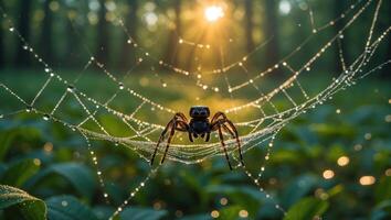 Spider on Dew Covered Web in Forest at Sunrise Captivating Macro photo