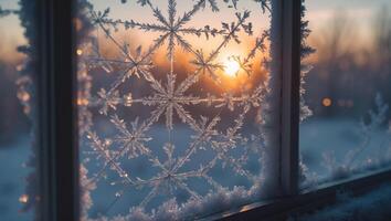Frosty Window with Snowflake Patterns Illuminates a Winter Sunset Scene photo
