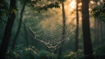 Spiderweb with Dew in Forest at Dawn Capturing the Light photo