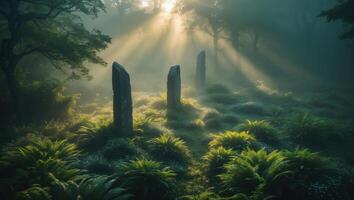 Standing Stones in Misty Forest with Sunlight Streaming Through Trees photo