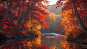 River Reflecting Colorful Autumn Trees in Forest Landscape Scenery photo