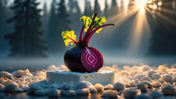 Fresh Cut Beet on Cheese in Sunlight with Forest Background photo