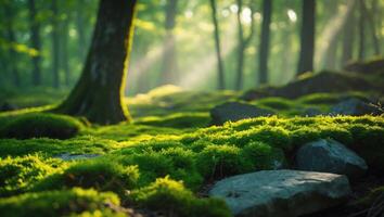 Sunlight Streaming Through Trees Illuminating Mossy Forest Ground with Rocks photo