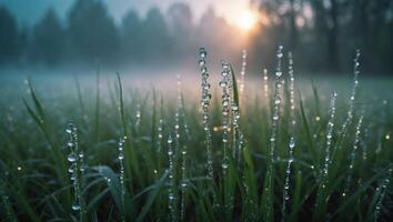 Morning Dew Drops on Grass in Foggy Field at Sunrise photo