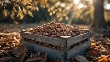 Harvested Nuts Overflowing Wooden Crate in Autumn Foliage Bathed in Sunlight photo