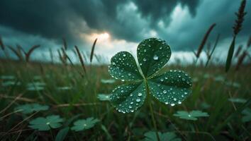 Wet Clover Leaf in Field with Overcast Sky and Subtle Sunlight photo