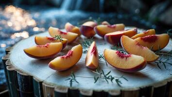 Sliced Peach Fruit Displayed on Wood Slice with Bokeh Background photo