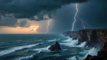 Lightning Strikes on Rugged Coastline with Crashing Waves and Dark Clouds photo