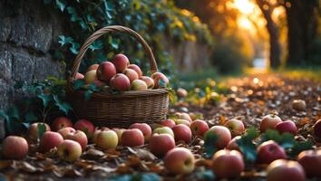 Gathering Apples in Basket Beside Stone Wall During Autumn Season photo