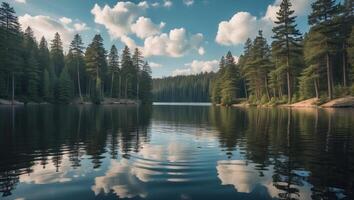 Calm Lake Reflection Surrounded by Green Forest and Cloudy Sky photo