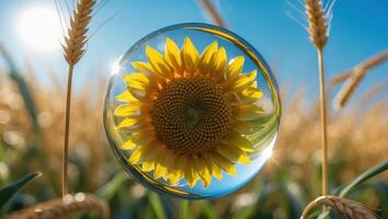 Sunflower Inside Crystal Ball with Wheat Field and Sunny Blue Sky photo