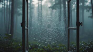Spiderweb Covered in Dew Drops Hangs in Open Window to Forest photo