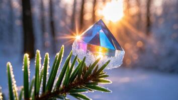 Glass Pyramid on Fir Branch with Winter Sunlight and Rainbow Reflection photo