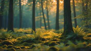 Sunlight Illuminates a Forest Floor with Moss and Ferns at Dawn photo