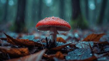 Mushroom Standing in Forest Rain with Water Droplets and Autumn Leaves photo
