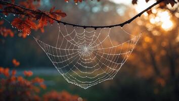 Spiderweb with Water Droplets Hanging From a Branch in Autumn photo