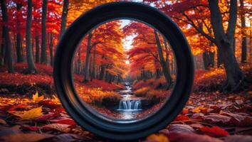 Autumn Forest Stream Through Circle Frame Fallen Leaves on Ground photo