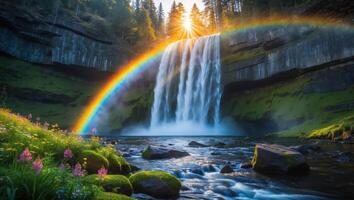 Waterfall with Rainbow and Sunlight Flowing Through Lush Forest Setting photo