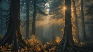 Sun Rays Shining Through Tall Trees in Misty Forest Scenery photo
