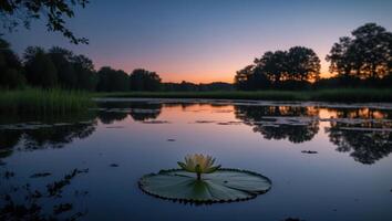 Water Lily Floating on Pond at Dusk with Sky Reflection photo