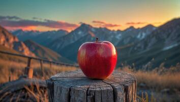 Red Apple on a Tree Stump with Mountains at Sunset photo