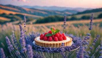 Raspberry Tart Displayed in a Lavender Field with Hilly Background photo