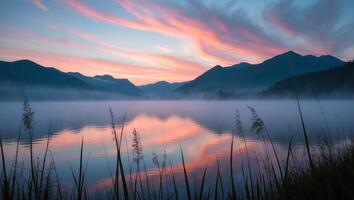 Still Lake Reflection at Dusk with Mountain Backdrop and Pink Sky photo
