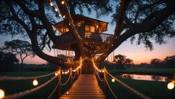 Treehouse Glow at Dusk a Whimsical Escape with String Lights photo