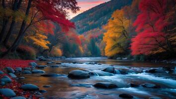 Flowing River Through Autumn Forest with Vibrant Fall Foliage Colors photo