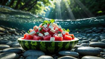 Watermelon and Feta Salad Served on a Pebble Beach Near Water photo