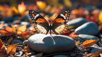 Butterfly Resting on Stone Amidst Autumn Leaves and Pebbles photo