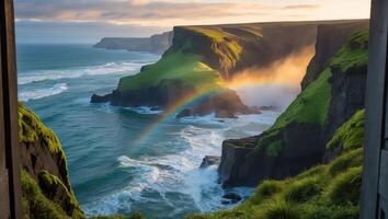 Coastal Cliffs and Rainbow View with Ocean Waves From Window photo
