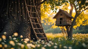 Tree house in meadow with golden sunlight