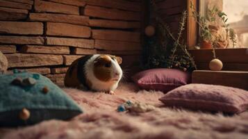 Guinea Pig Relaxing on a Fluffy Rug with Pillows Indoors photo