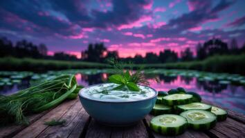 Preparing Cucumber Salad with Yogurt at Dusk by a Tranquil Pond photo