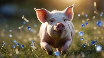 Pig Running in Meadow with Blue Spheres Under Sunlight photo