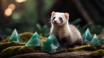 Curious Ferret Posing with Green Crystal Pyramids in Nature Setting photo